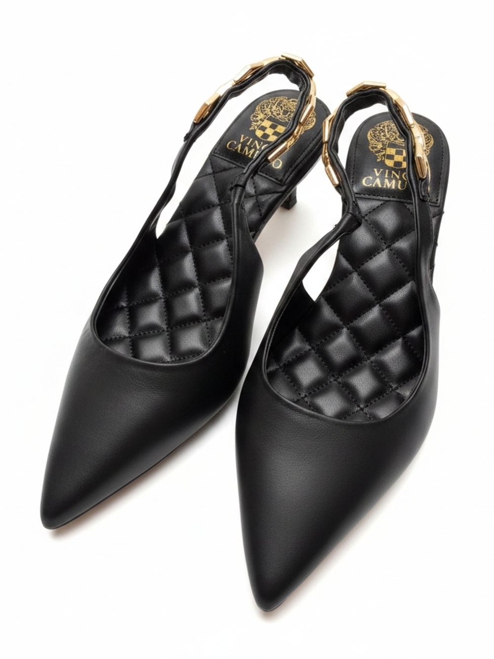 Vince Camuto Black Quilted Slingback Kitten Heels Gold Chain Detail Size 7.5